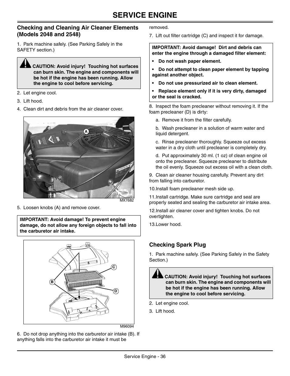 Checking spark plug, Service engine | John Deere L2048 User Manual | Page 40 / 76