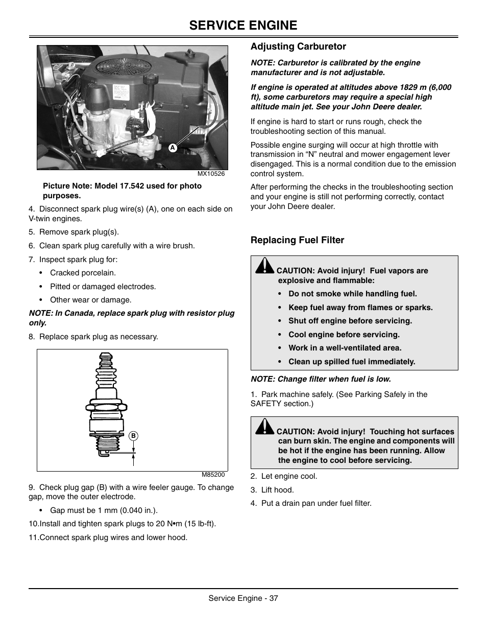 Adjusting carburetor, Replacing fuel filter, Service engine | John Deere L2048 User Manual | Page 41 / 76