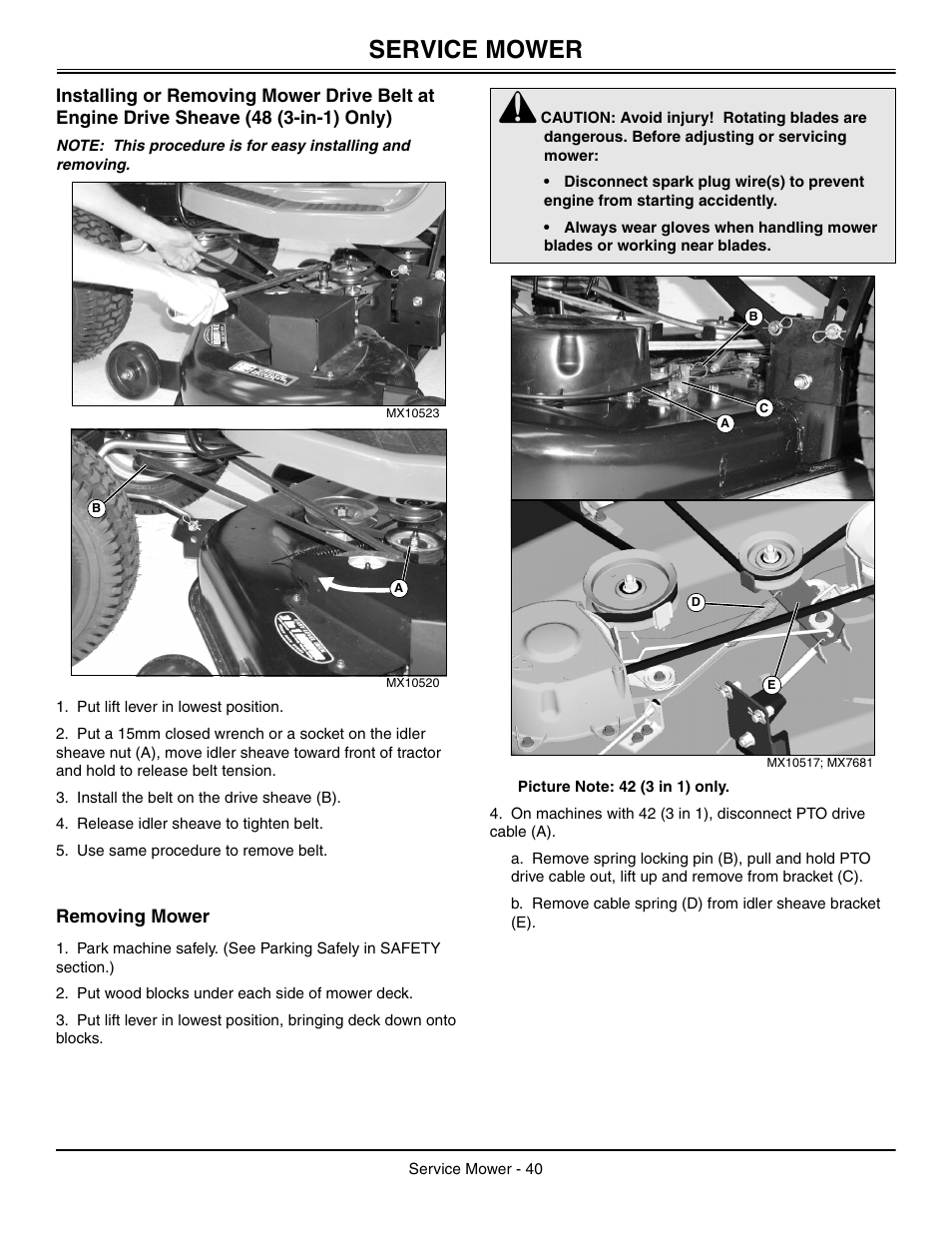 Service mower, Removing mower | John Deere L2048 User Manual | Page 44 / 76