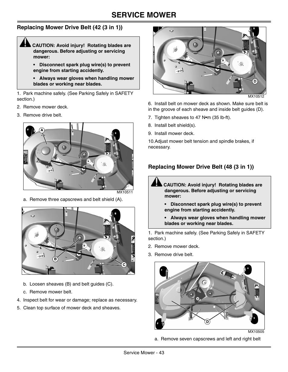 Replacing mower drive belt (42 (3 in 1)), Replacing mower drive belt (48 (3 in 1)), Service mower | John Deere L2048 User Manual | Page 47 / 76