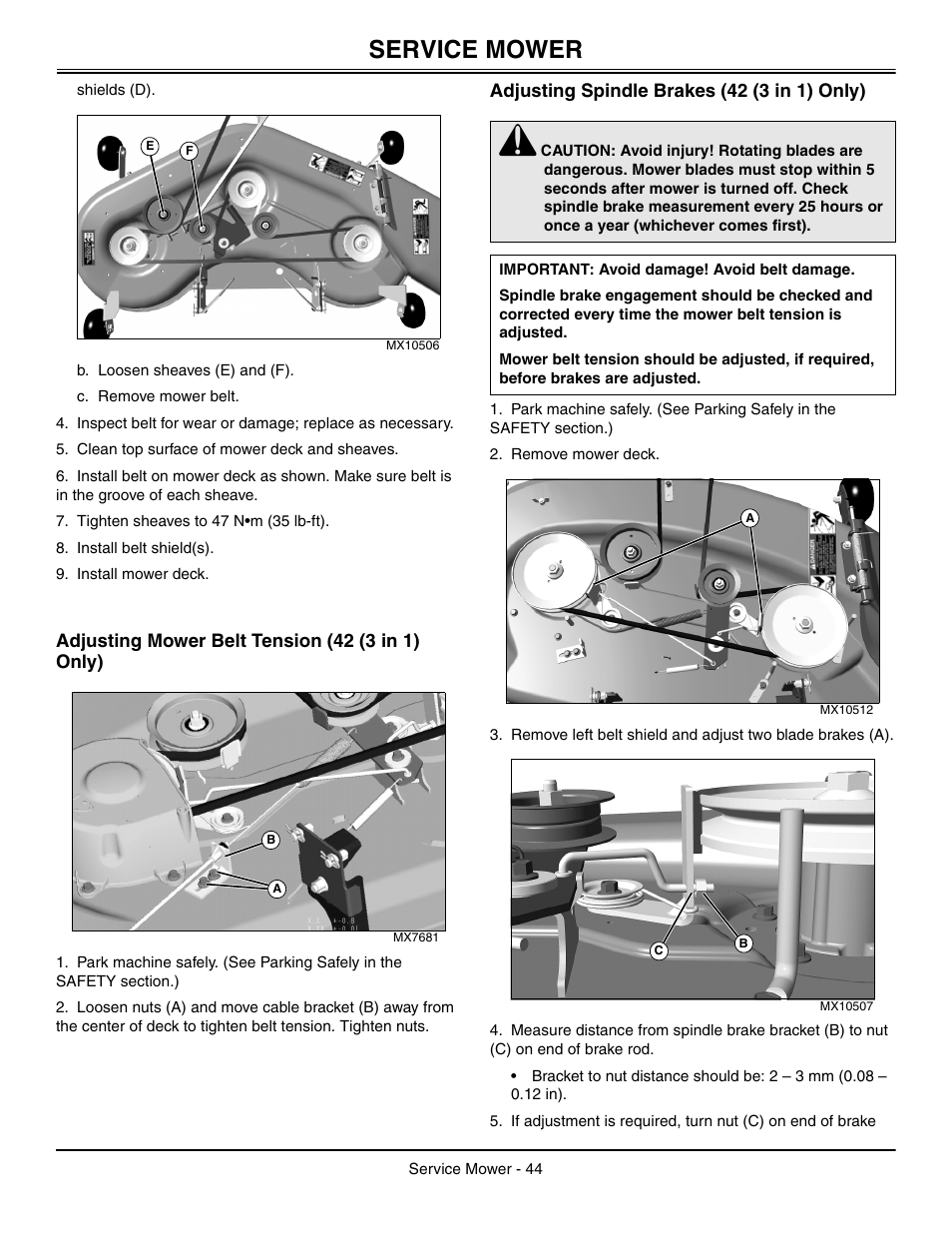 Adjusting mower belt tension (42 (3 in 1) only), Adjusting spindle brakes (42 (3 in 1) only), Service mower | John Deere L2048 User Manual | Page 48 / 76