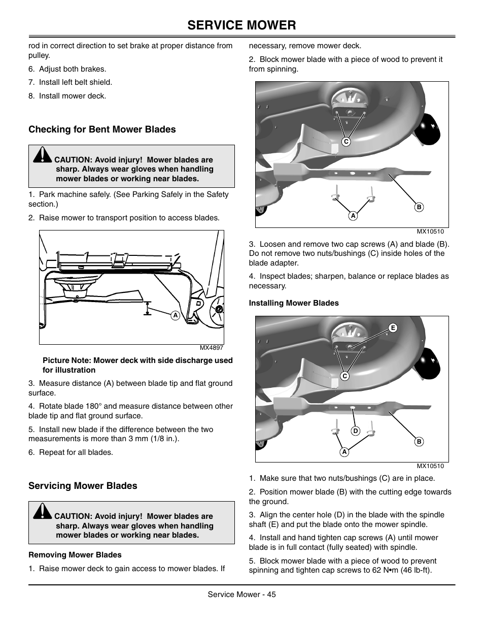 Checking for bent mower blades, Servicing mower blades, Removing mower blades | Installing mower blades, Service mower | John Deere L2048 User Manual | Page 49 / 76