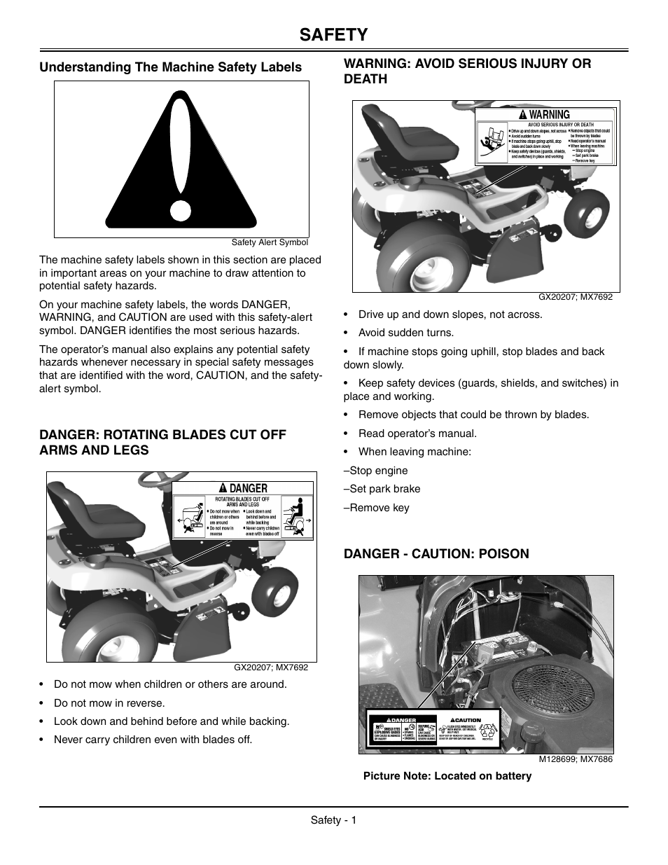 Safety, Understanding the machine safety labels, Danger: rotating blades cut off arms and legs | Warning: avoid serious injury or death, Danger - caution: poison | John Deere L2048 User Manual | Page 5 / 76