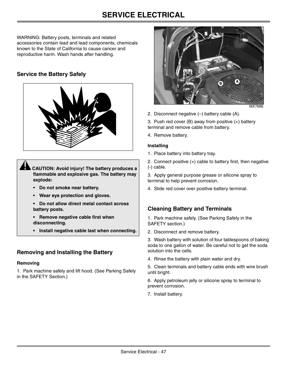 Service electrical, Service the battery safely, Removing and installing the battery | Removing, Installing, Cleaning battery and terminals | John Deere L2048 User Manual | Page 51 / 76