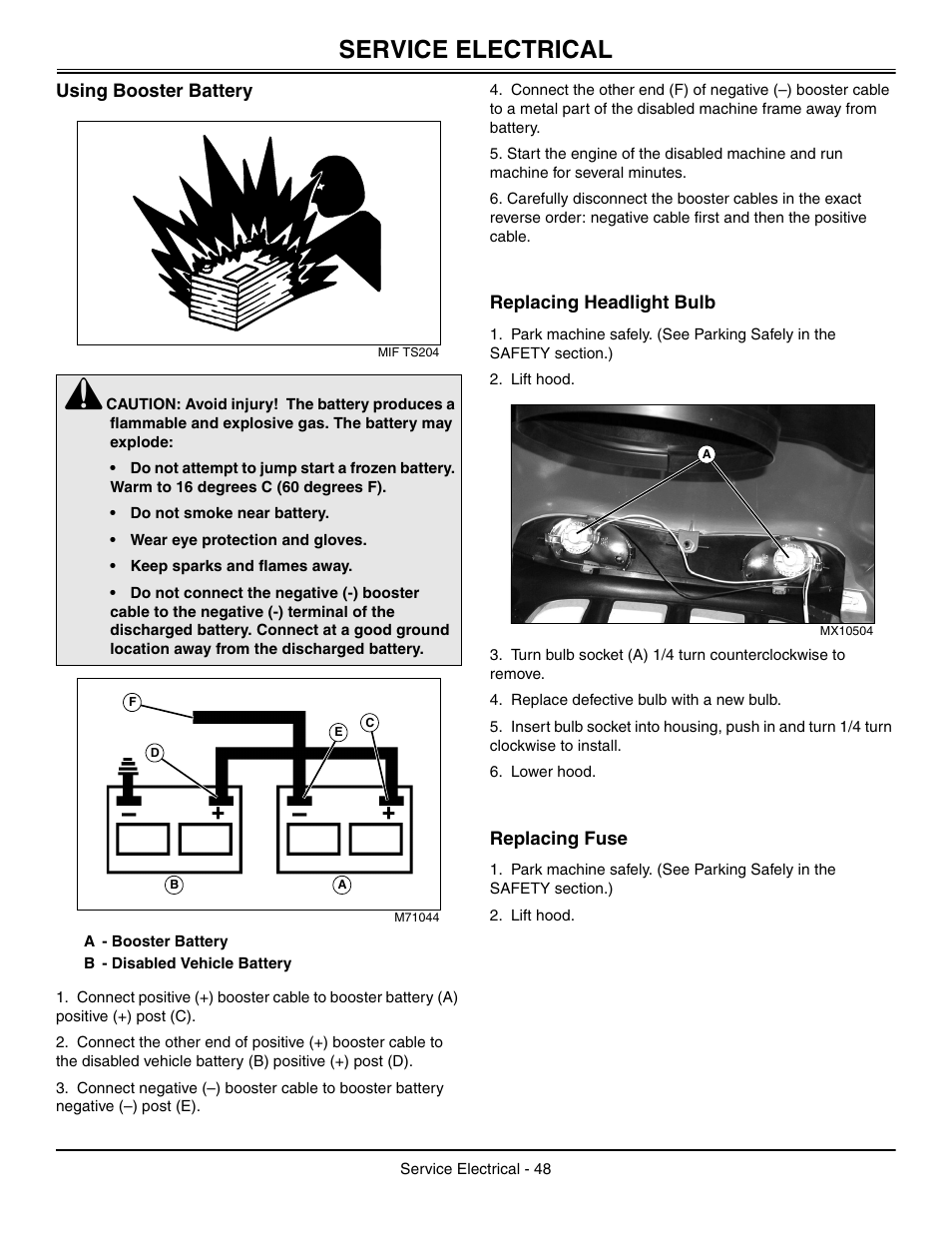 Using booster battery, Replacing headlight bulb, Replacing fuse | Service electrical | John Deere L2048 User Manual | Page 52 / 76