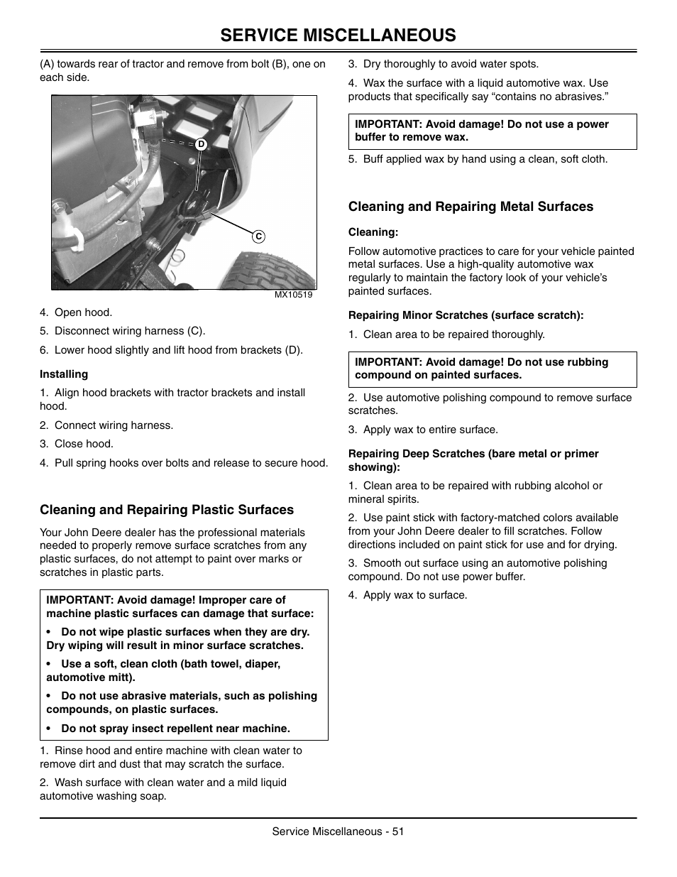Installing, Cleaning and repairing plastic surfaces, Cleaning and repairing metal surfaces | Cleaning, Repairing minor scratches (surface scratch), Service miscellaneous | John Deere L2048 User Manual | Page 55 / 76