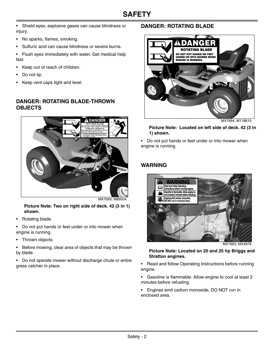 Danger: rotating blade-thrown objects, Danger: rotating blade, Warning | Safety | John Deere L2048 User Manual | Page 6 / 76