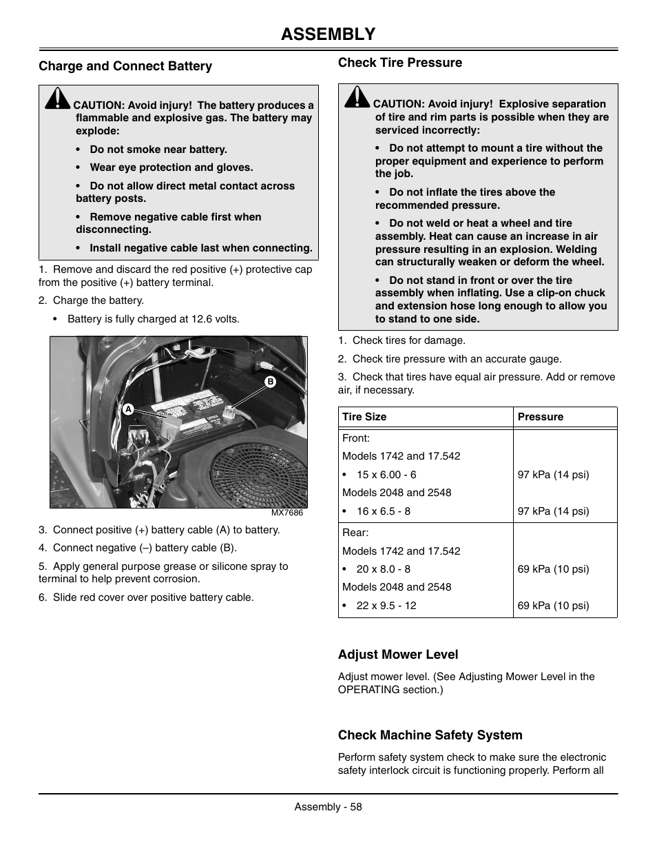 Assembly, Charge and connect battery, Check tire pressure | Adjust mower level, Check machine safety system | John Deere L2048 User Manual | Page 62 / 76