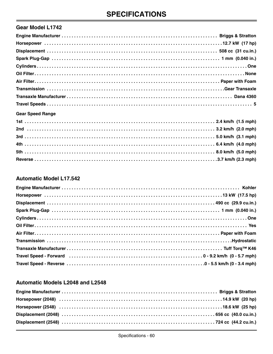 Specifications, Gear model l1742, Gear speed range | Automatic model l17.542, Automatic models l2048 and l2548 | John Deere L2048 User Manual | Page 64 / 76