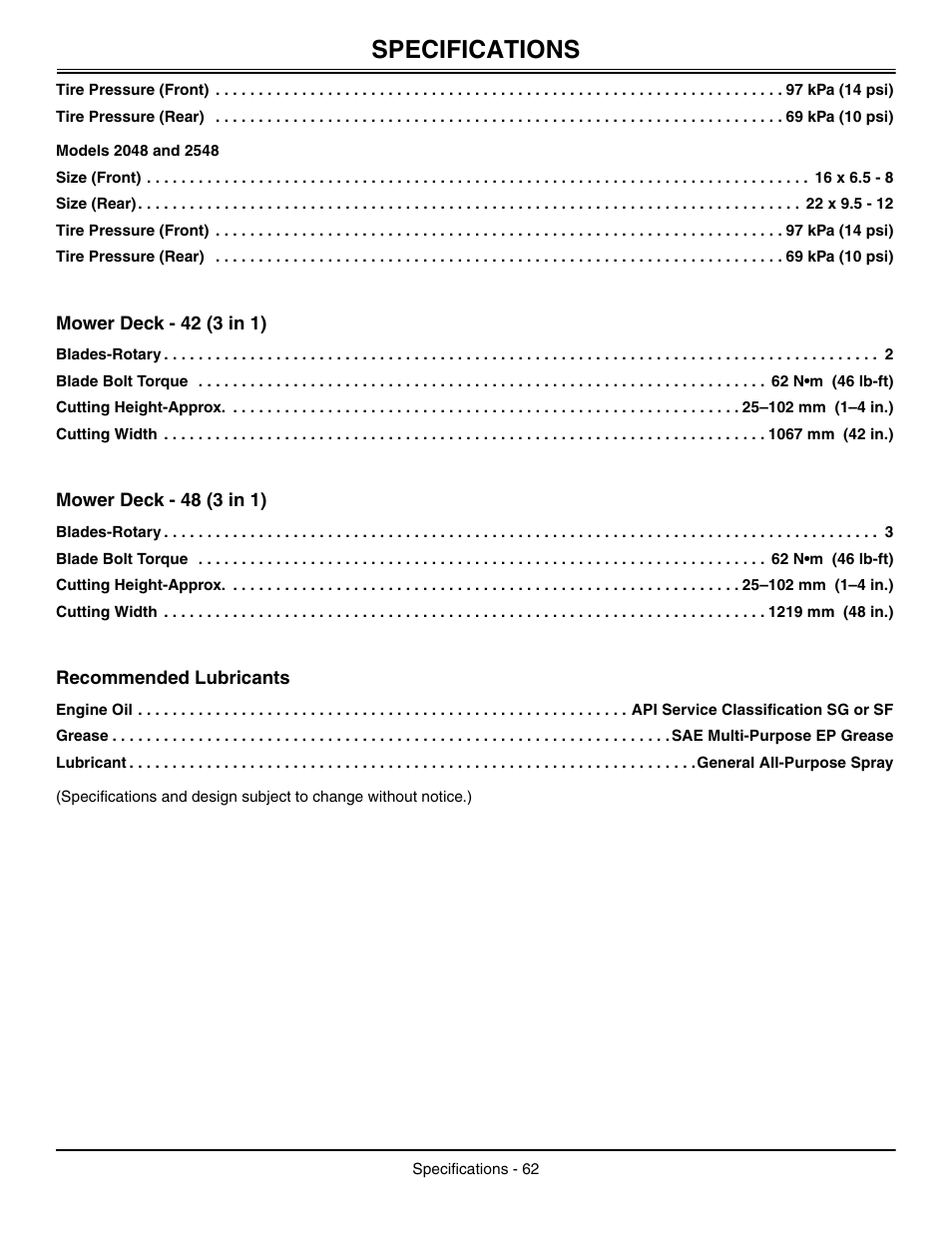 Models 2048 and 2548, Mower deck - 42 (3 in 1), Mower deck - 48 (3 in 1) | Recommended lubricants, Specifications | John Deere L2048 User Manual | Page 66 / 76