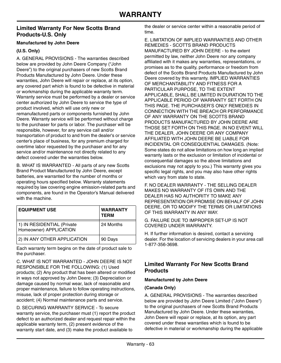 Warranty, Limited warranty for new scotts brand products | John Deere L2048 User Manual | Page 67 / 76