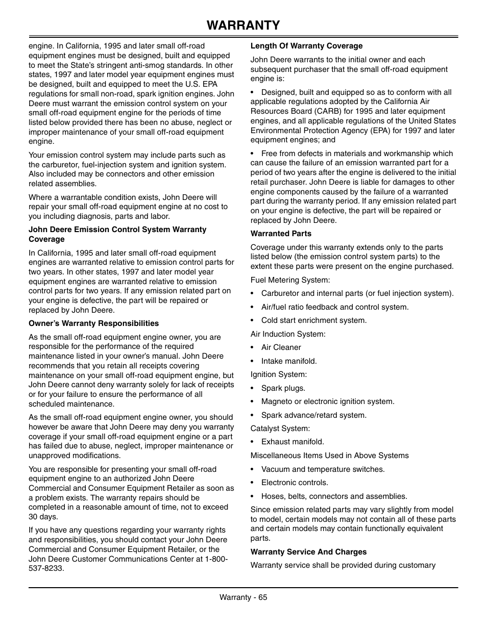 Warranty | John Deere L2048 User Manual | Page 69 / 76