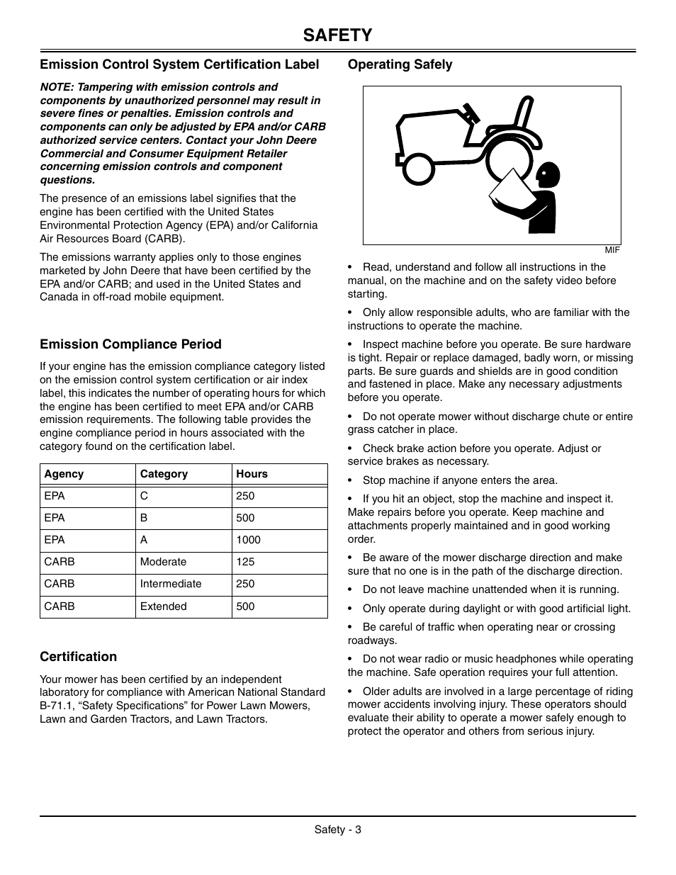 Emission control system certification label, Emission compliance period, Certification | Operating safely, Safety | John Deere L2048 User Manual | Page 7 / 76