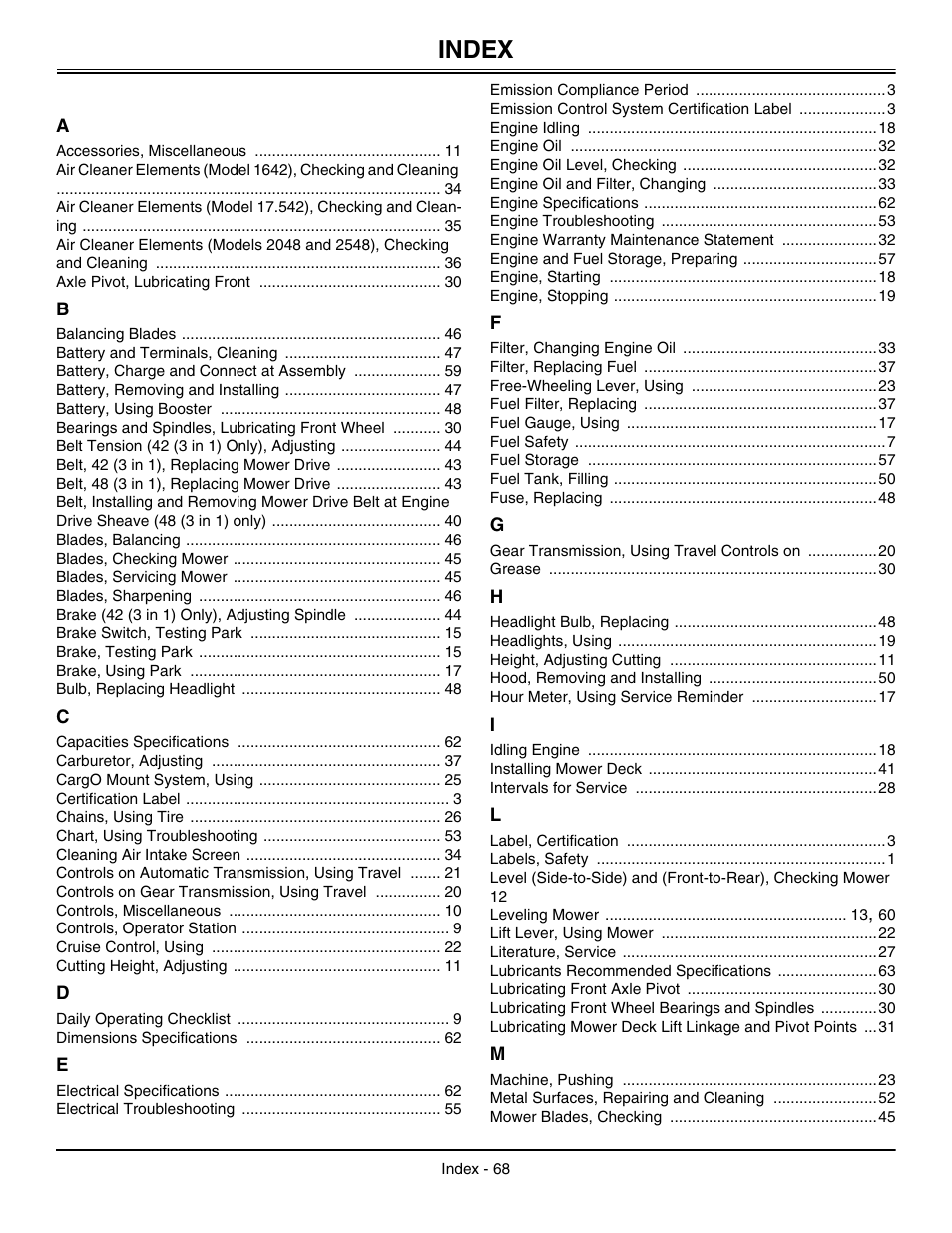 Index | John Deere L2048 User Manual | Page 72 / 76