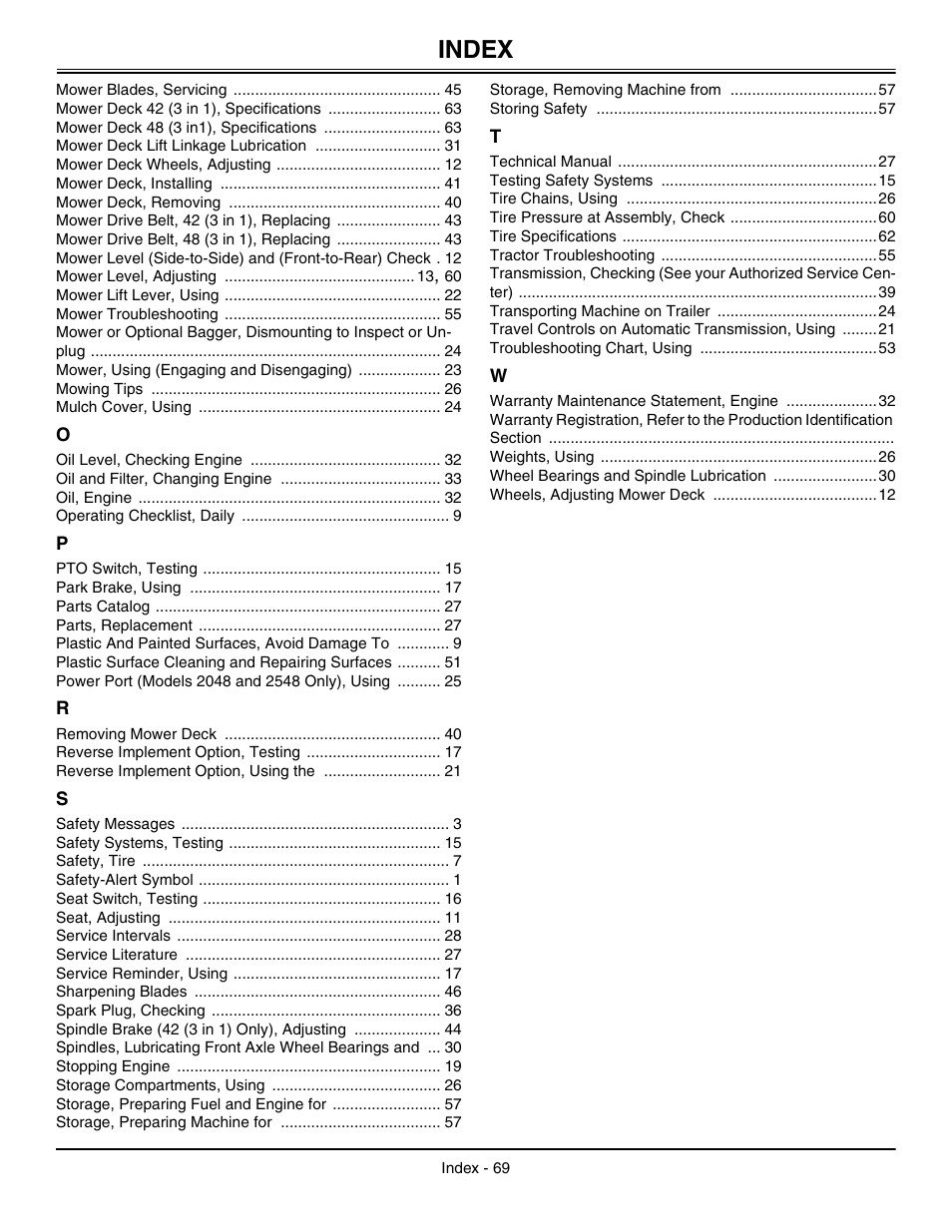 Index | John Deere L2048 User Manual | Page 73 / 76