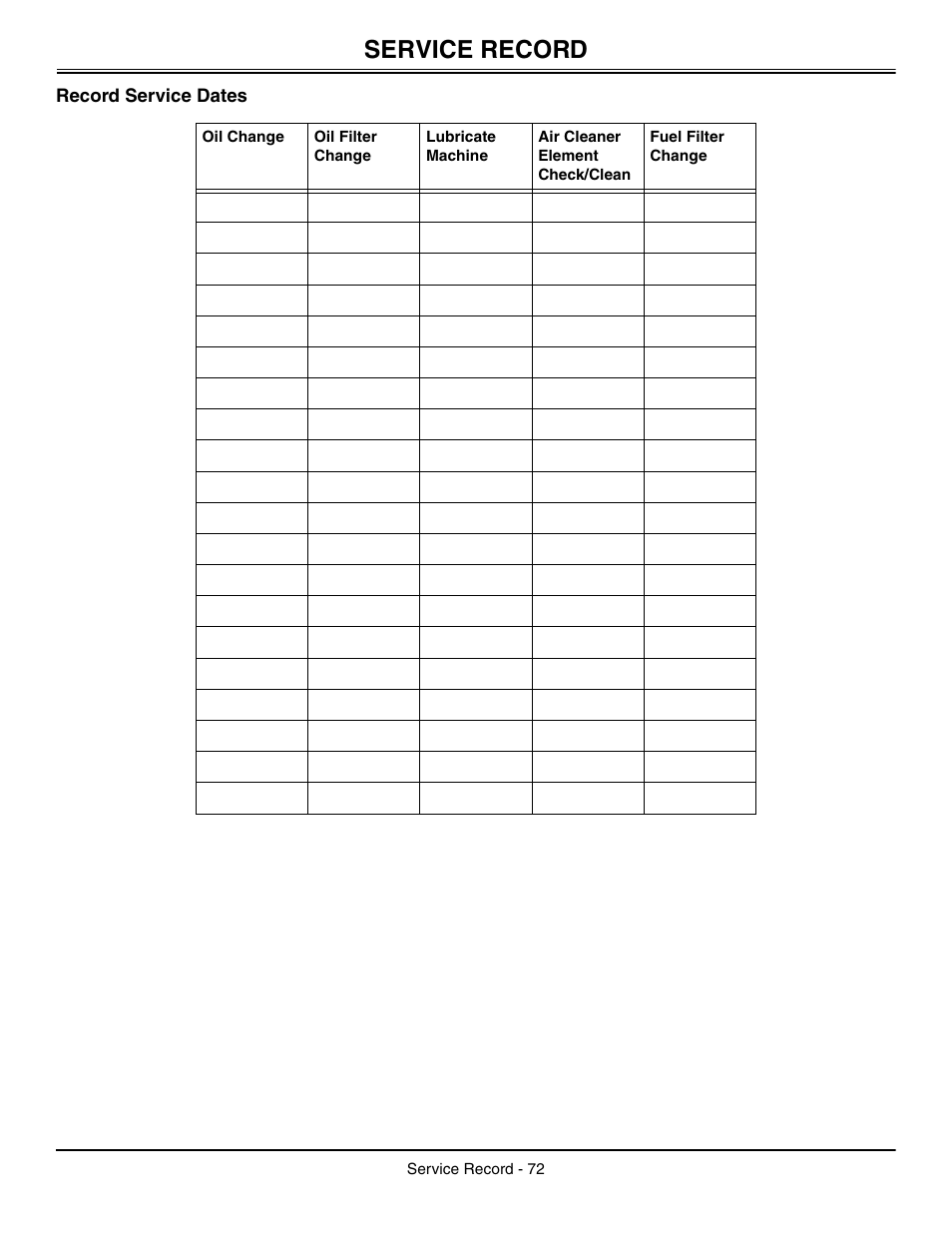 Service record, Record service dates | John Deere L2048 User Manual | Page 76 / 76
