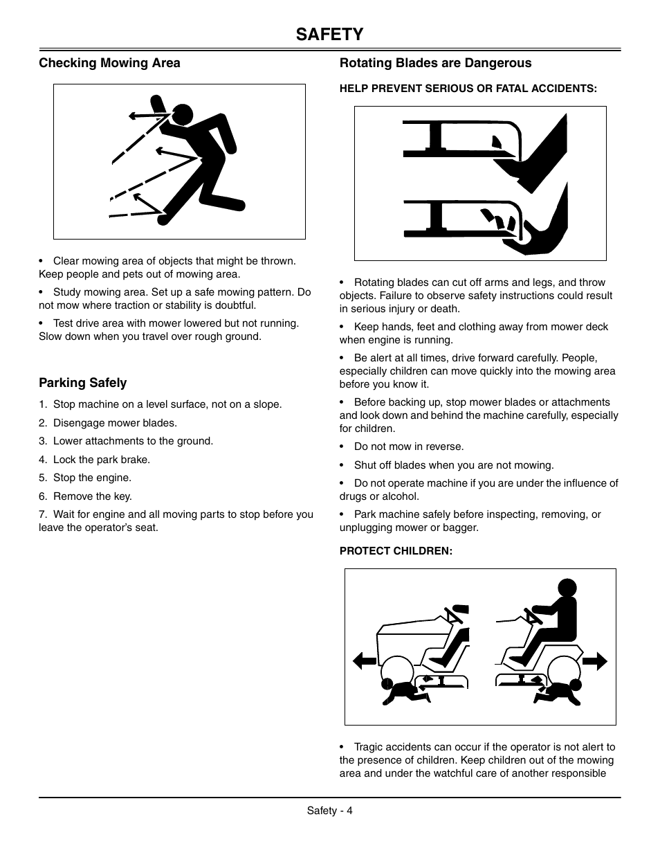 Checking mowing area, Parking safely, Rotating blades are dangerous | Help prevent serious or fatal accidents, Protect children, Safety | John Deere L2048 User Manual | Page 8 / 76