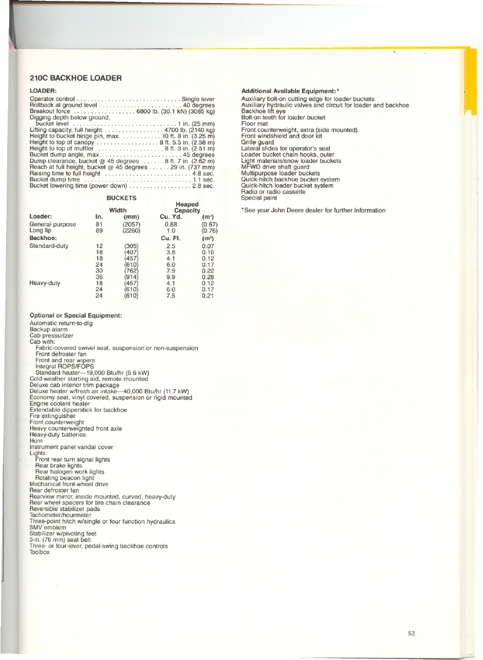 210c backhoe loader, Breakout force | John Deere 210C User Manual | Page 5 / 5