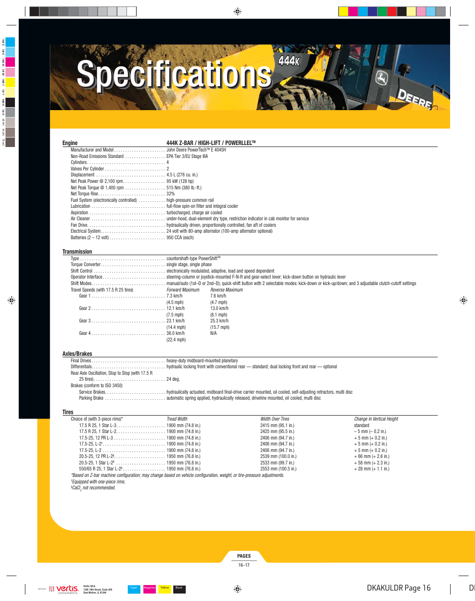 Dkakuldr_016, Specifications, Dk dkakuldr page 16 | John Deere K LOADERS 444K User Manual | Page 16 / 42