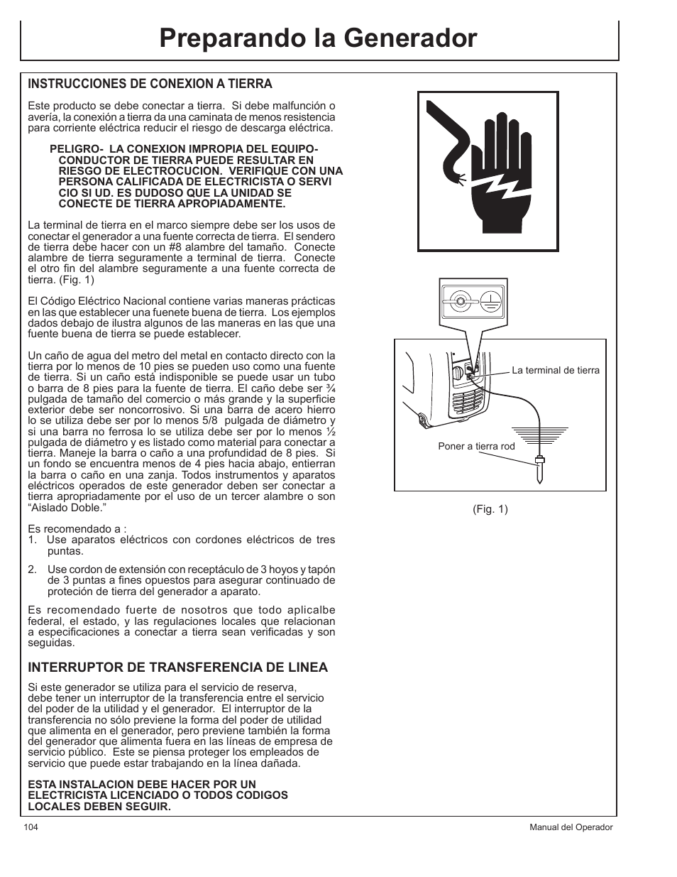 Preparando la generador | John Deere HR-G1100 User Manual | Page 104 / 124