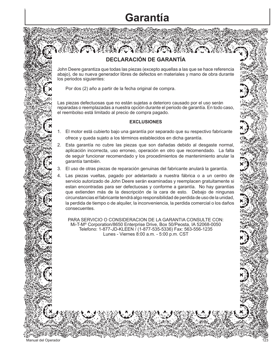 Garantía | John Deere HR-G1100 User Manual | Page 123 / 124
