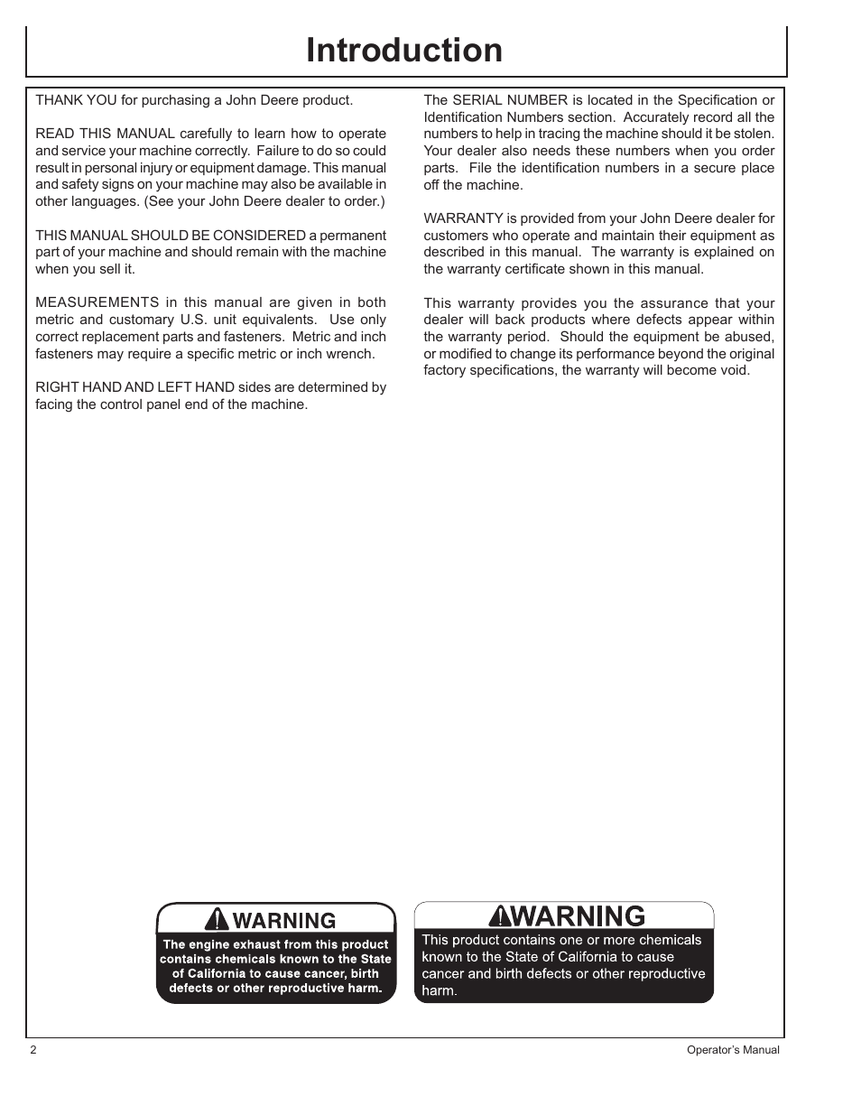 Introduction | John Deere HR-G1100 User Manual | Page 2 / 124