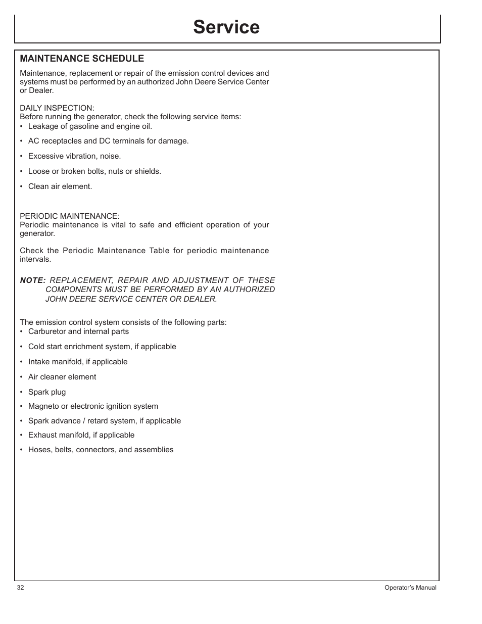 Service | John Deere HR-G1100 User Manual | Page 32 / 124