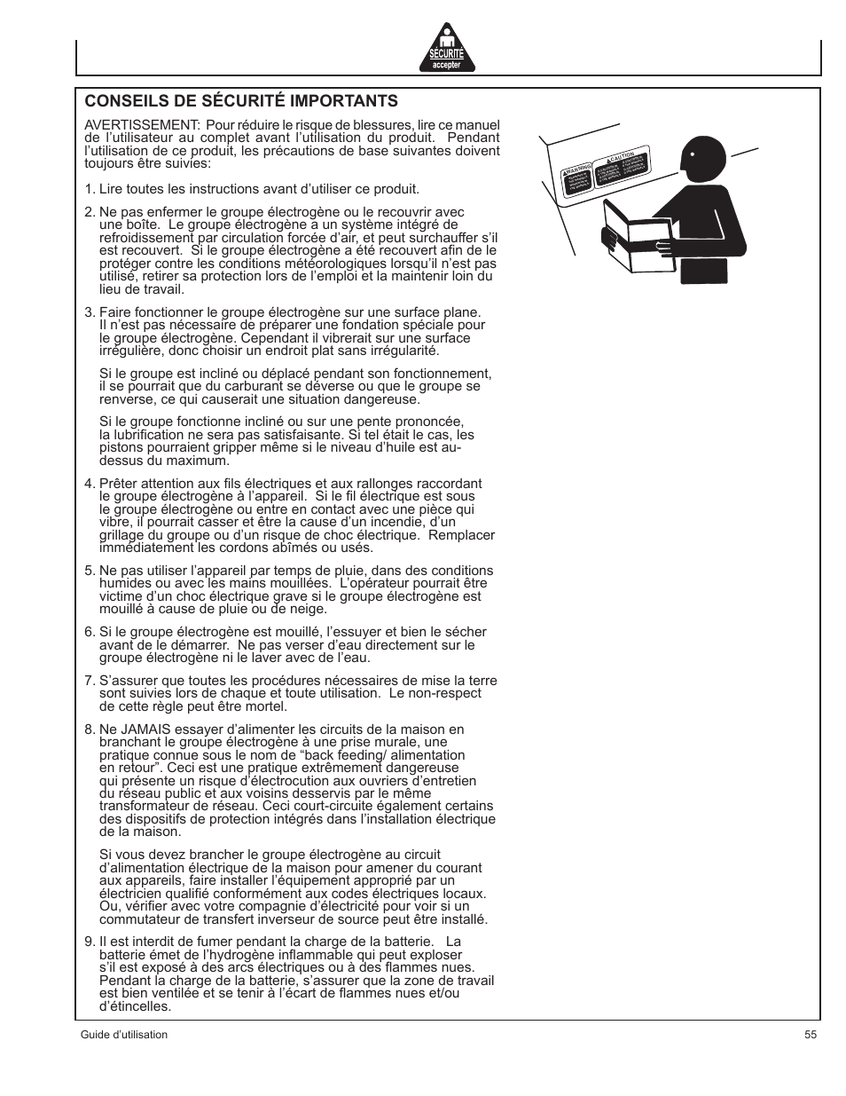 Conseils de sécurité importants | John Deere HR-G1100 User Manual | Page 55 / 124