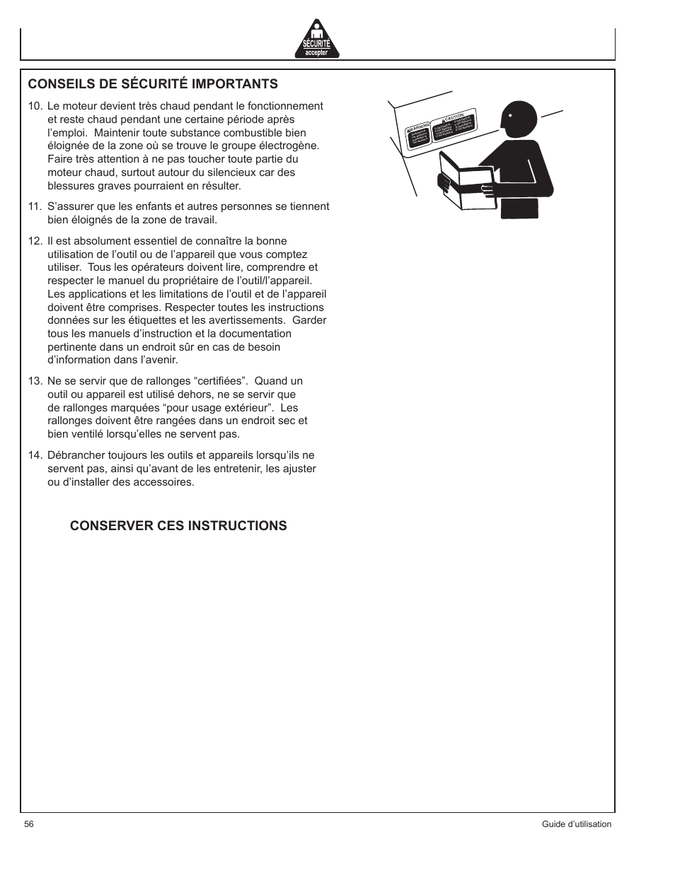 Conseils de sécurité importants, Conserver ces instructions, 56 guide d’utilisation | John Deere HR-G1100 User Manual | Page 56 / 124