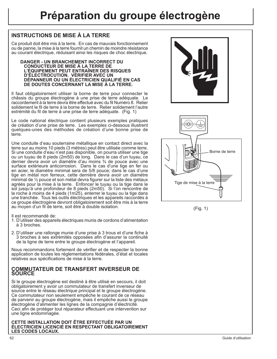 Préparation du groupe électrogène | John Deere HR-G1100 User Manual | Page 62 / 124