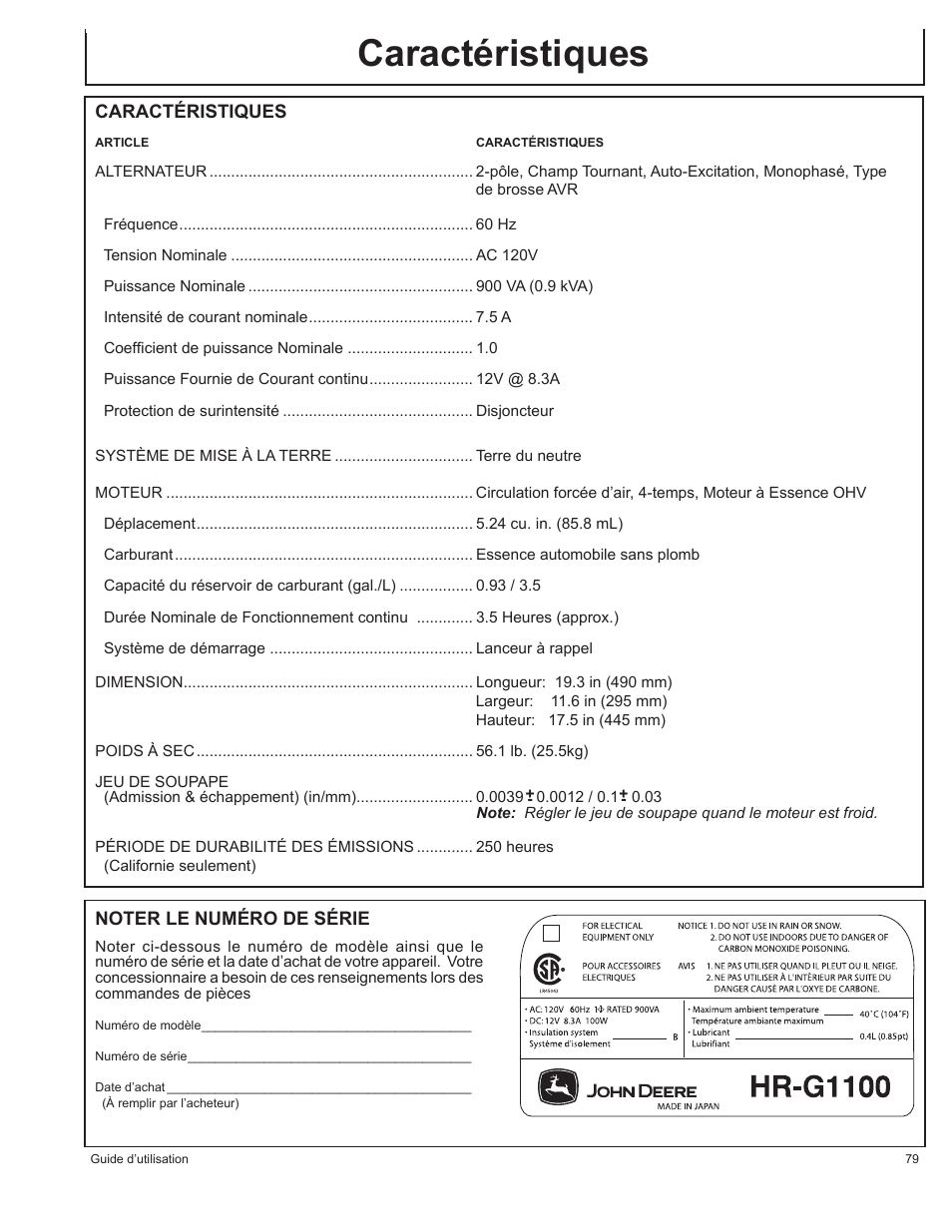Caractéristiques | John Deere HR-G1100 User Manual | Page 79 / 124