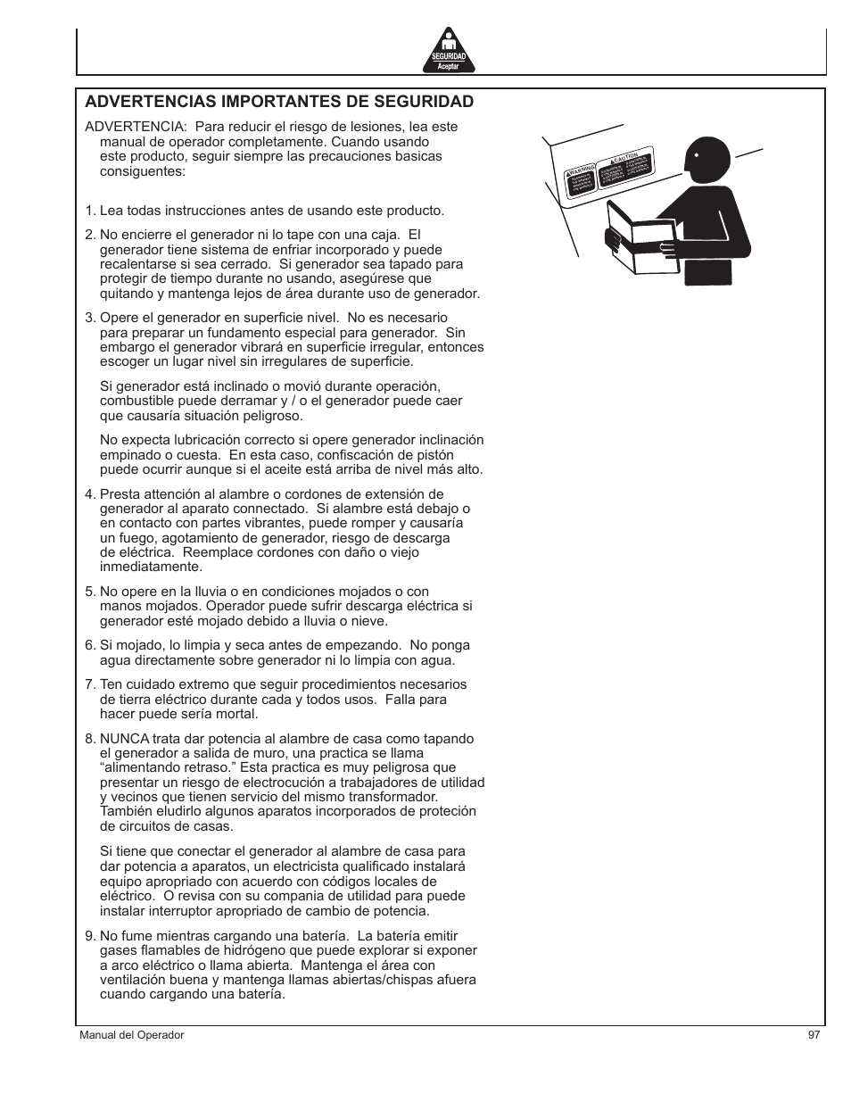 Advertencias importantes de seguridad | John Deere HR-G1100 User Manual | Page 97 / 124