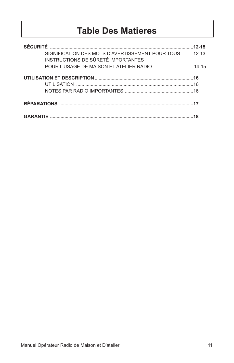 Table des matieres | John Deere ET-3903-J User Manual | Page 11 / 28