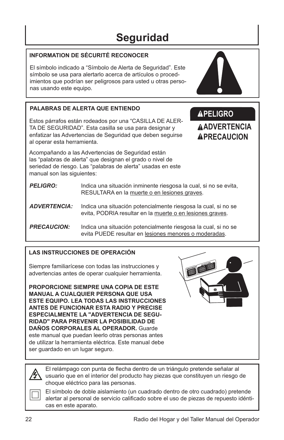 Seguridad, Peligro advertencia precaucion | John Deere ET-3903-J User Manual | Page 22 / 28