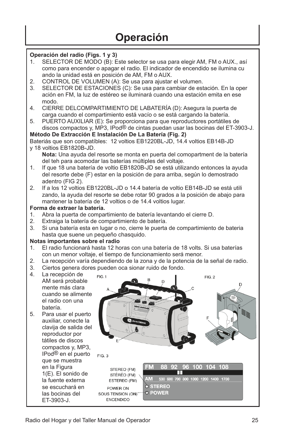 Operación | John Deere ET-3903-J User Manual | Page 25 / 28