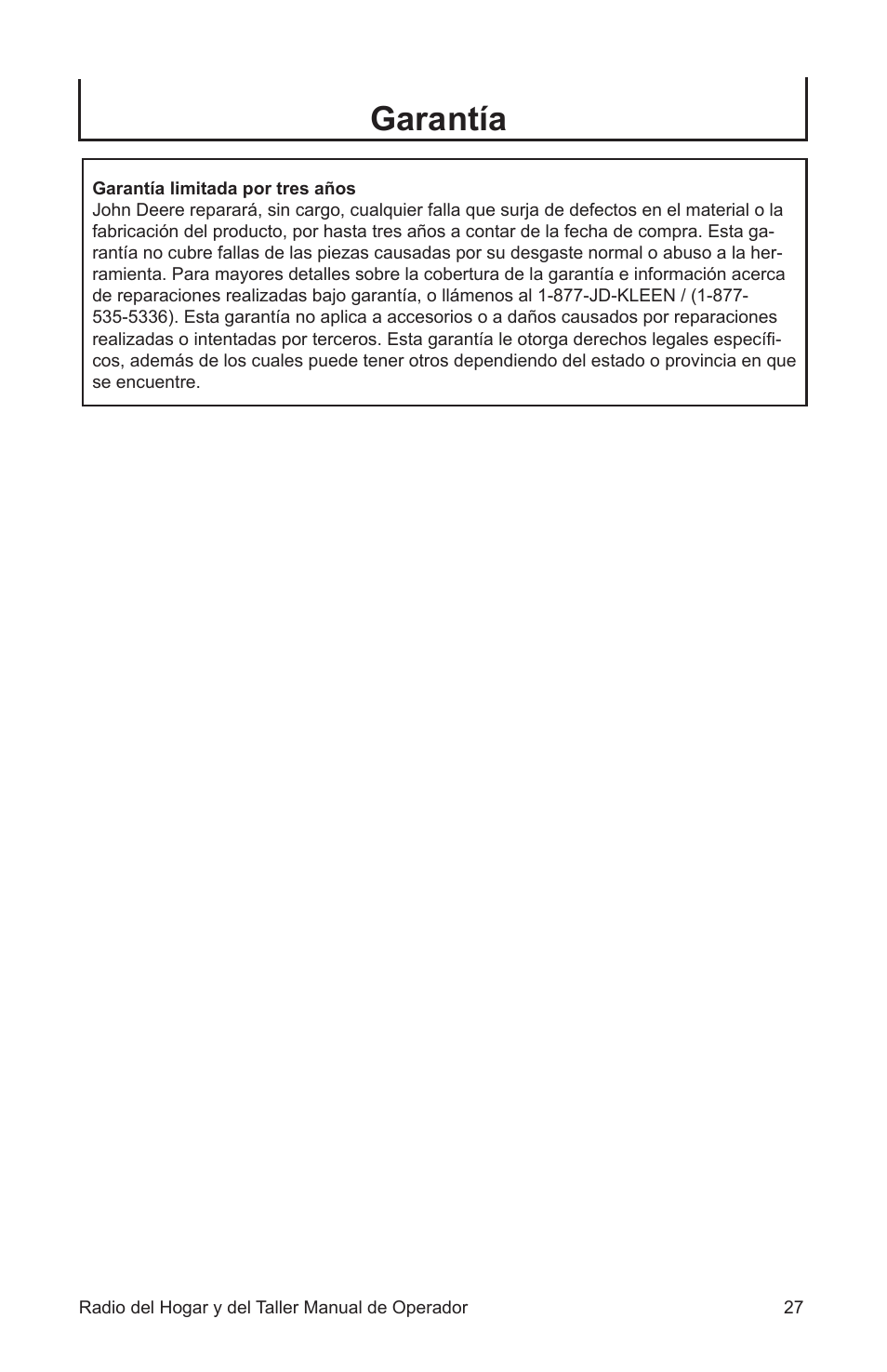 Garantía | John Deere ET-3903-J User Manual | Page 27 / 28