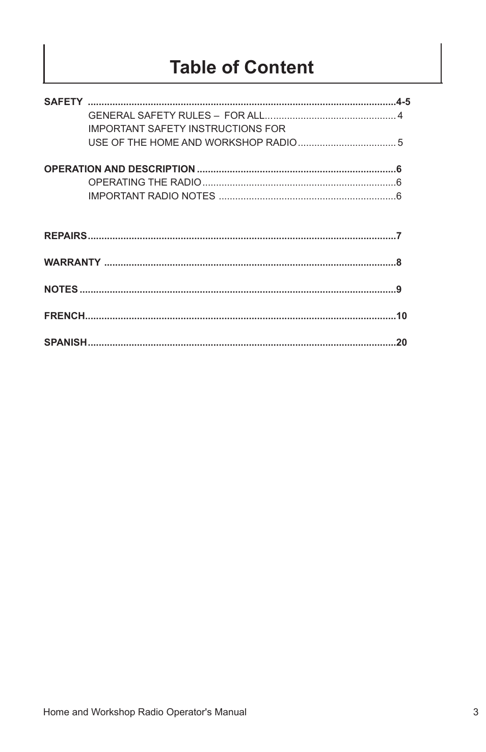 Table of content | John Deere ET-3903-J User Manual | Page 3 / 28