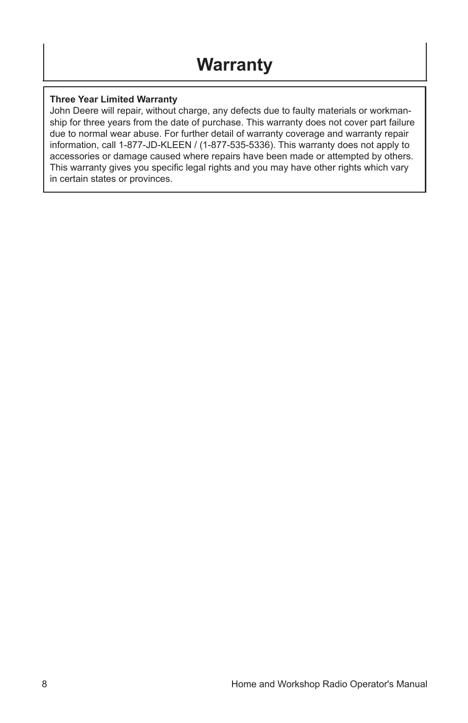 Warranty | John Deere ET-3903-J User Manual | Page 8 / 28