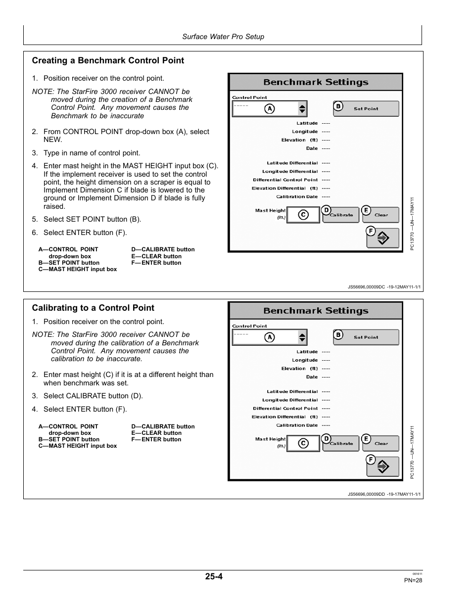 Creating a benchmark control point, Calibrating to a control point | John Deere SURFACE WATER PRO OMPFP11362 User Manual | Page 28 / 60