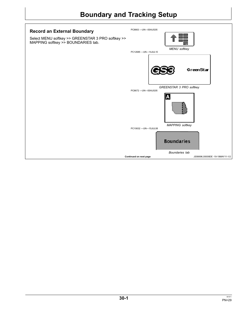 Boundary and tracking setup, Record an external boundary, Section 30 | John Deere SURFACE WATER PRO OMPFP11362 User Manual | Page 29 / 60