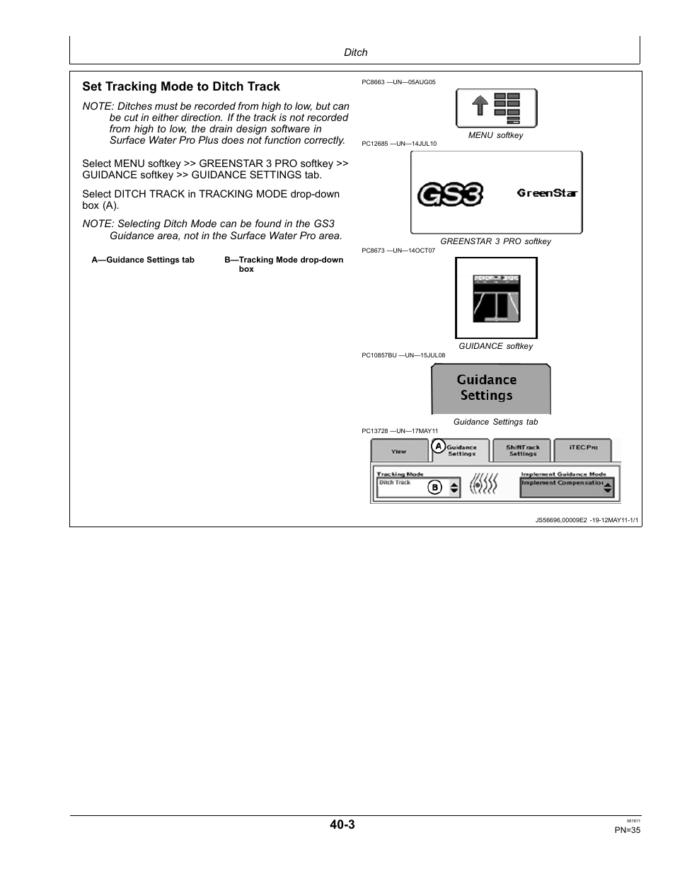 Recorded path for ditching, Set tracking mode to ditch track | John Deere SURFACE WATER PRO OMPFP11362 User Manual | Page 35 / 60