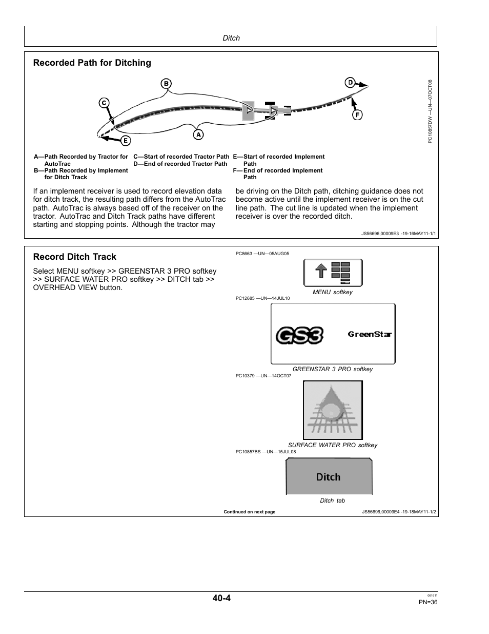 Record ditch track, Recorded path for ditching | John Deere SURFACE WATER PRO OMPFP11362 User Manual | Page 36 / 60