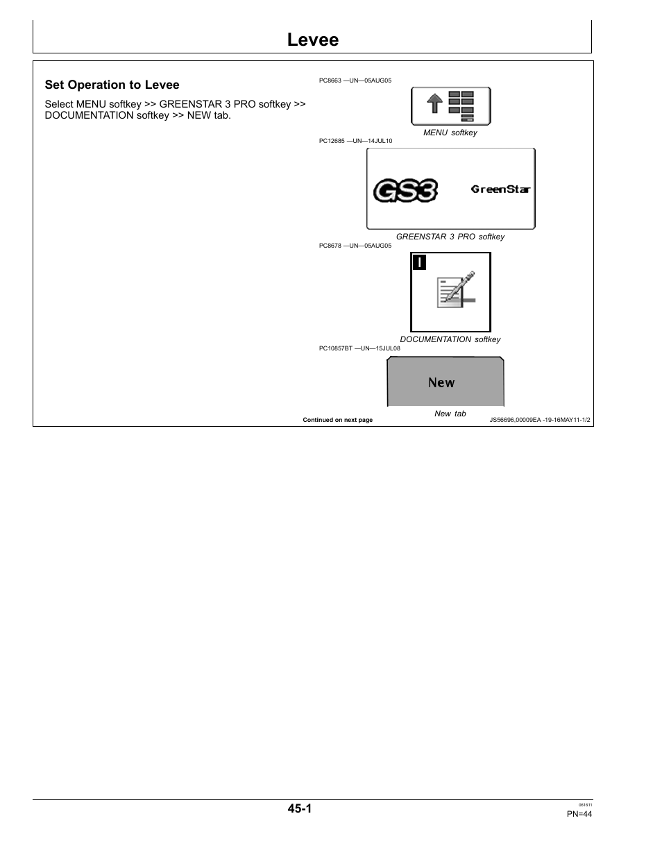 Levee, Set operation to levee, Section 45 | John Deere SURFACE WATER PRO OMPFP11362 User Manual | Page 44 / 60