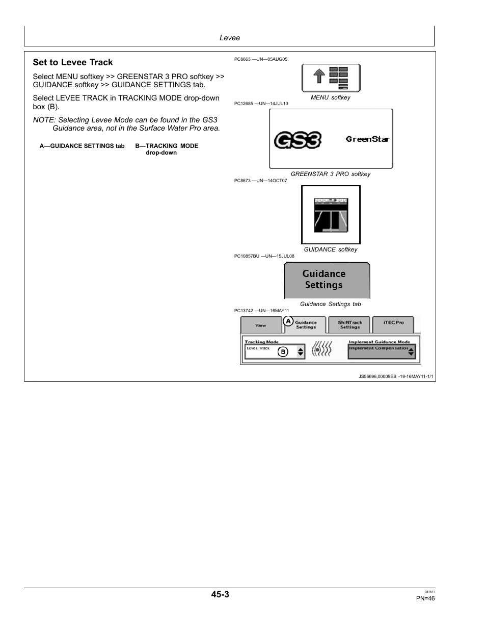 Mark path (drive dial), Set to levee track | John Deere SURFACE WATER PRO OMPFP11362 User Manual | Page 46 / 60