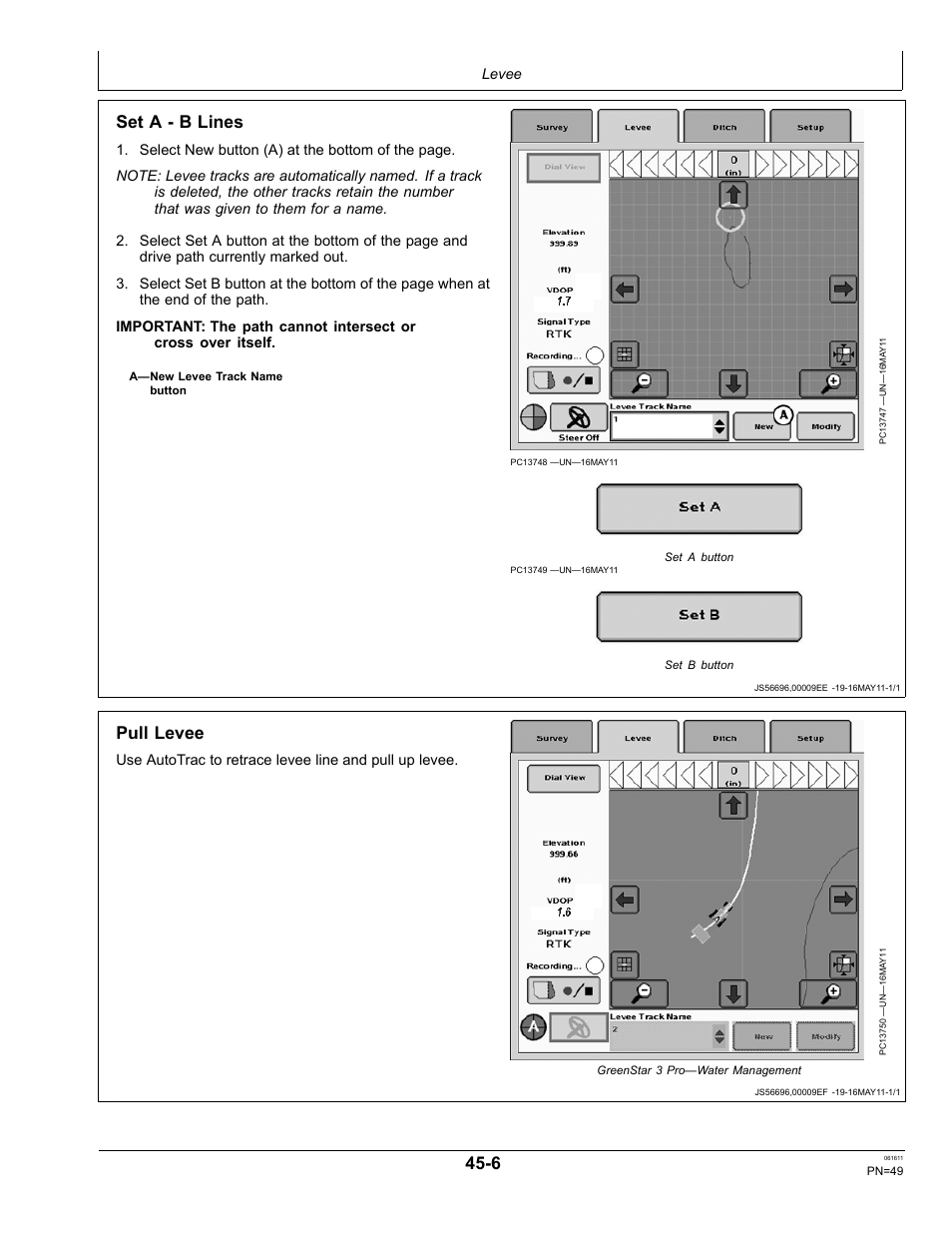 Pull levee, Set a ­ b lines | John Deere SURFACE WATER PRO OMPFP11362 User Manual | Page 49 / 60