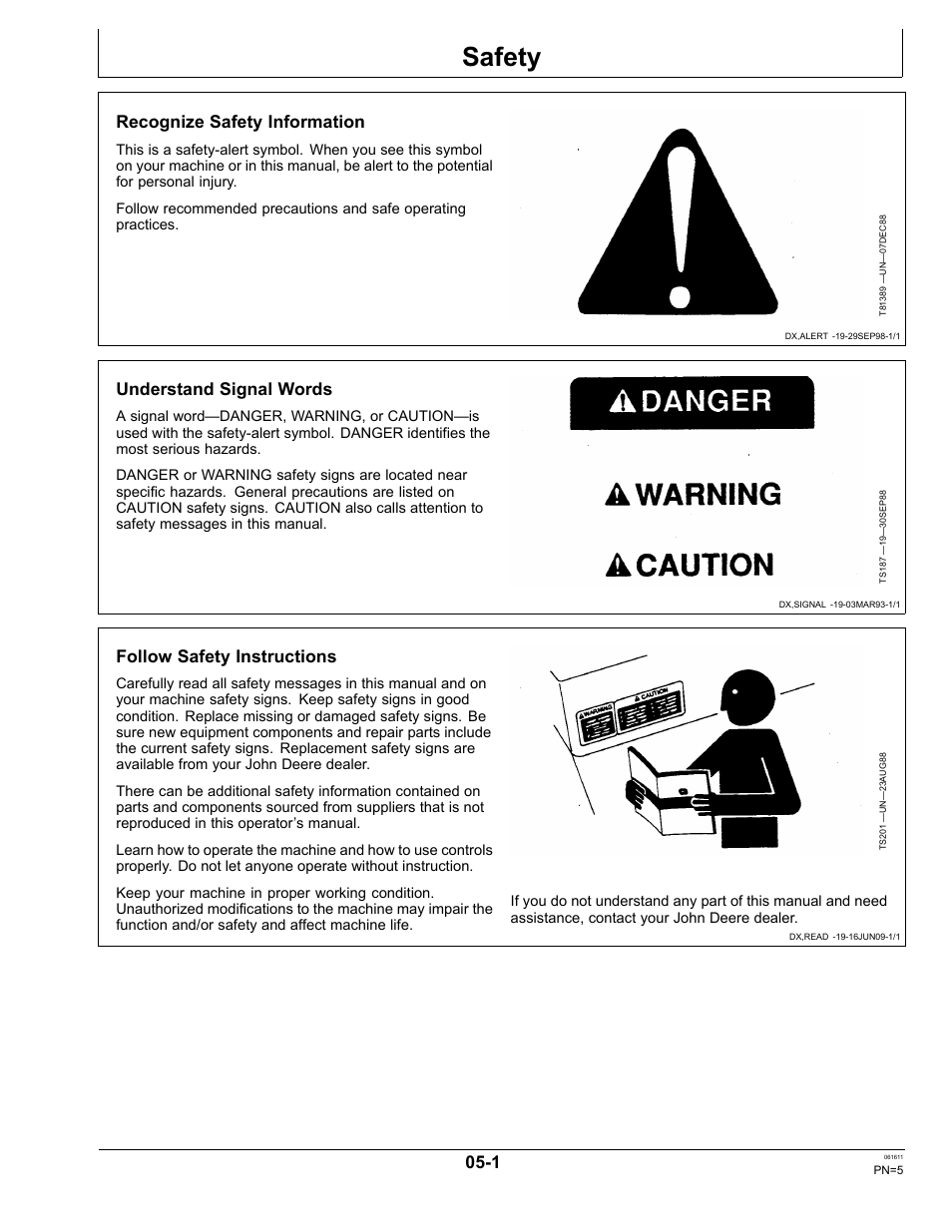 Safety, Recognize safety information, Understand signal words | Follow safety instructions, Practice safe maintenance, Section 05 | John Deere SURFACE WATER PRO OMPFP11362 User Manual | Page 5 / 60