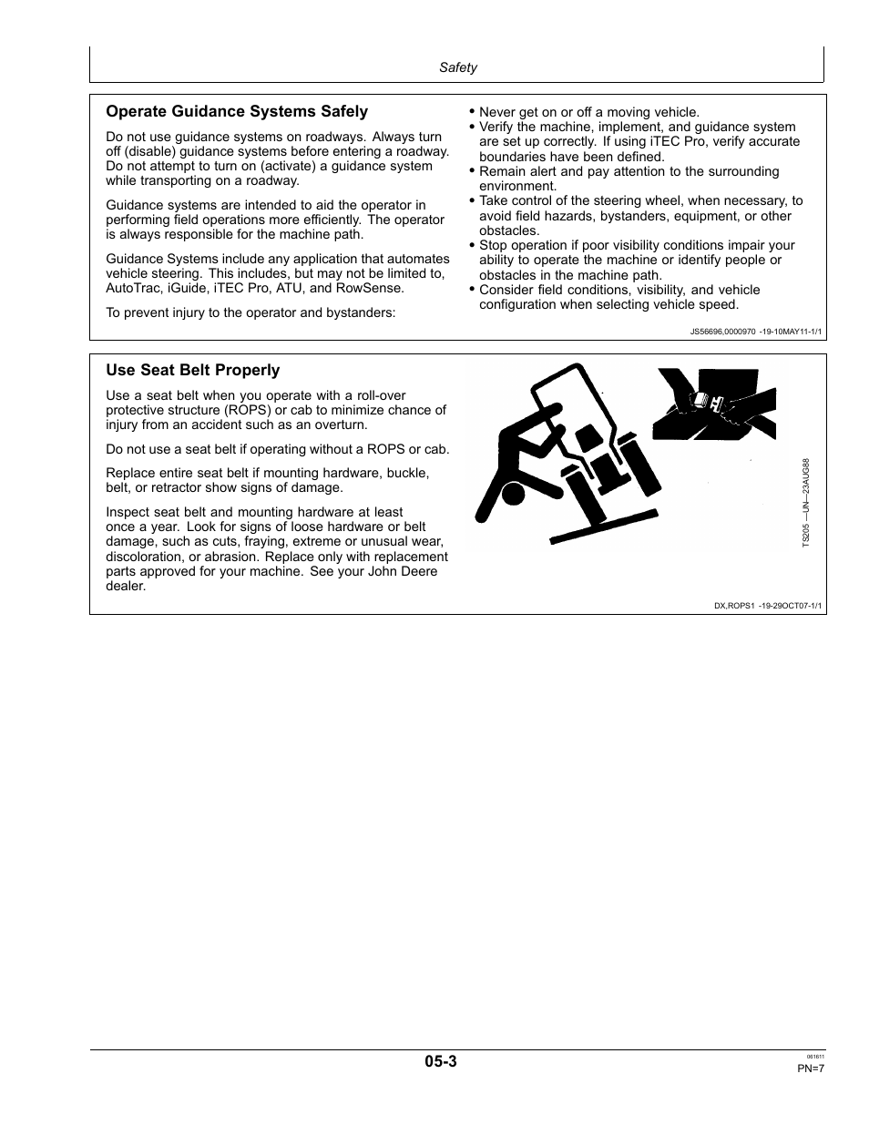 Use seat belt properly | John Deere SURFACE WATER PRO OMPFP11362 User Manual | Page 7 / 60