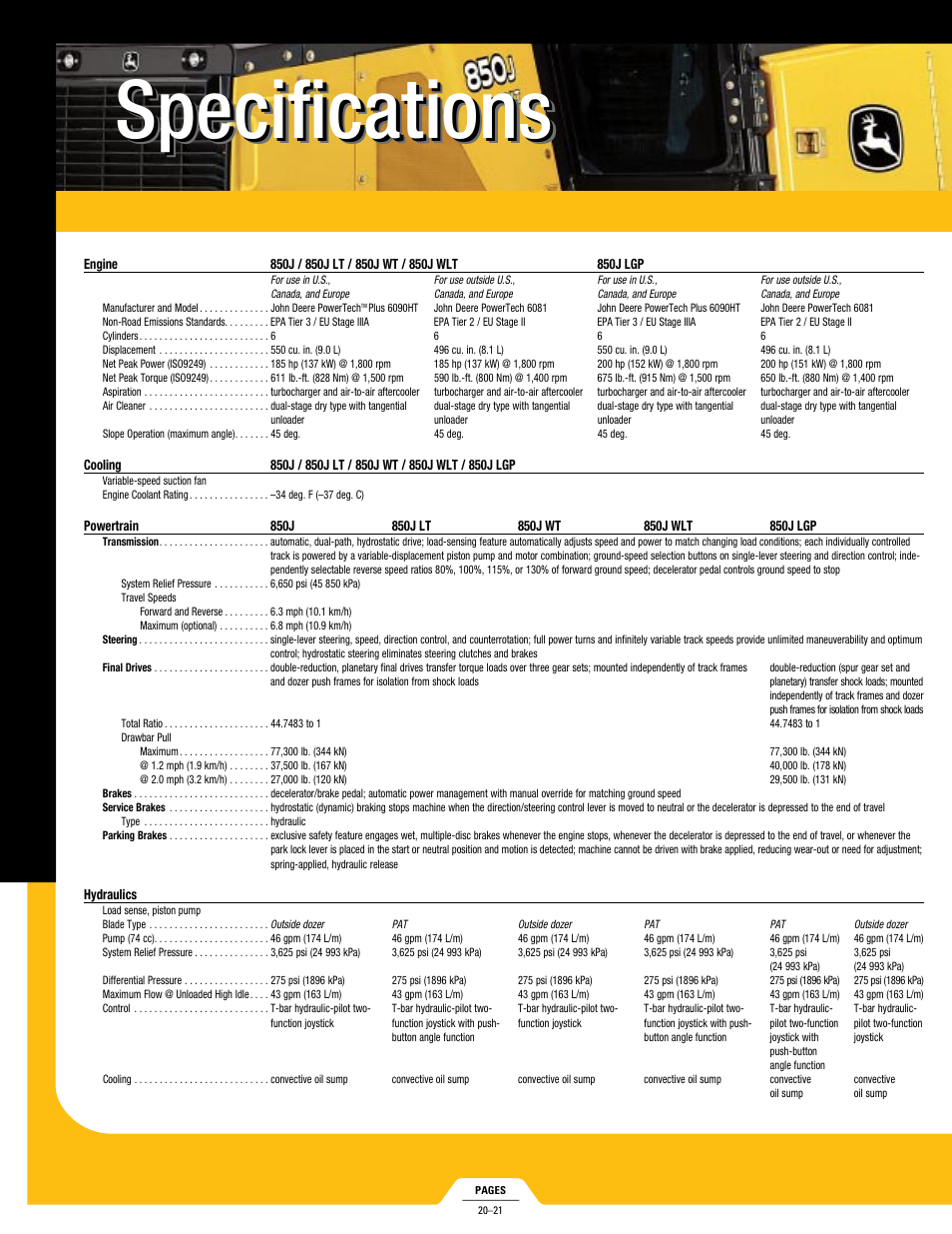 Specifications | John Deere J DOZERS 850J User Manual | Page 20 / 24