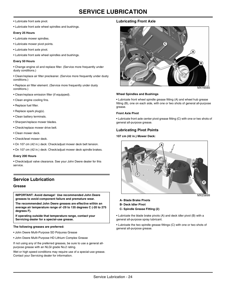 Every 25 hours, Every 50 hours, Every 200 hours | Service lubrication, Grease, The following greases are preferred, Lubricating front axle, Wheel spindles and bushings, Front axle pivot, Lubricating pivot points | John Deere la105 User Manual | Page 25 / 52