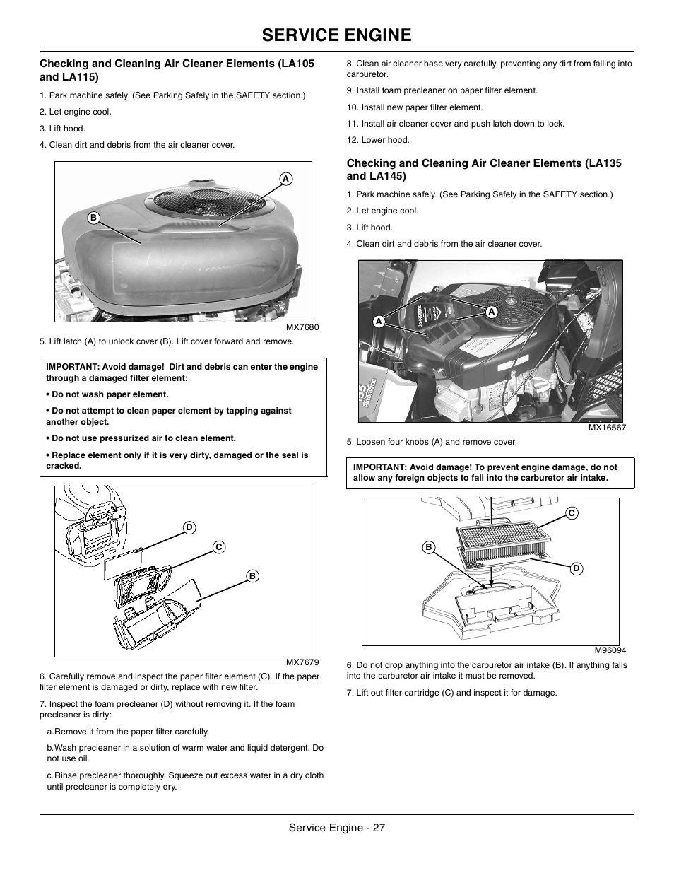 Service engine | John Deere la105 User Manual | Page 28 / 52